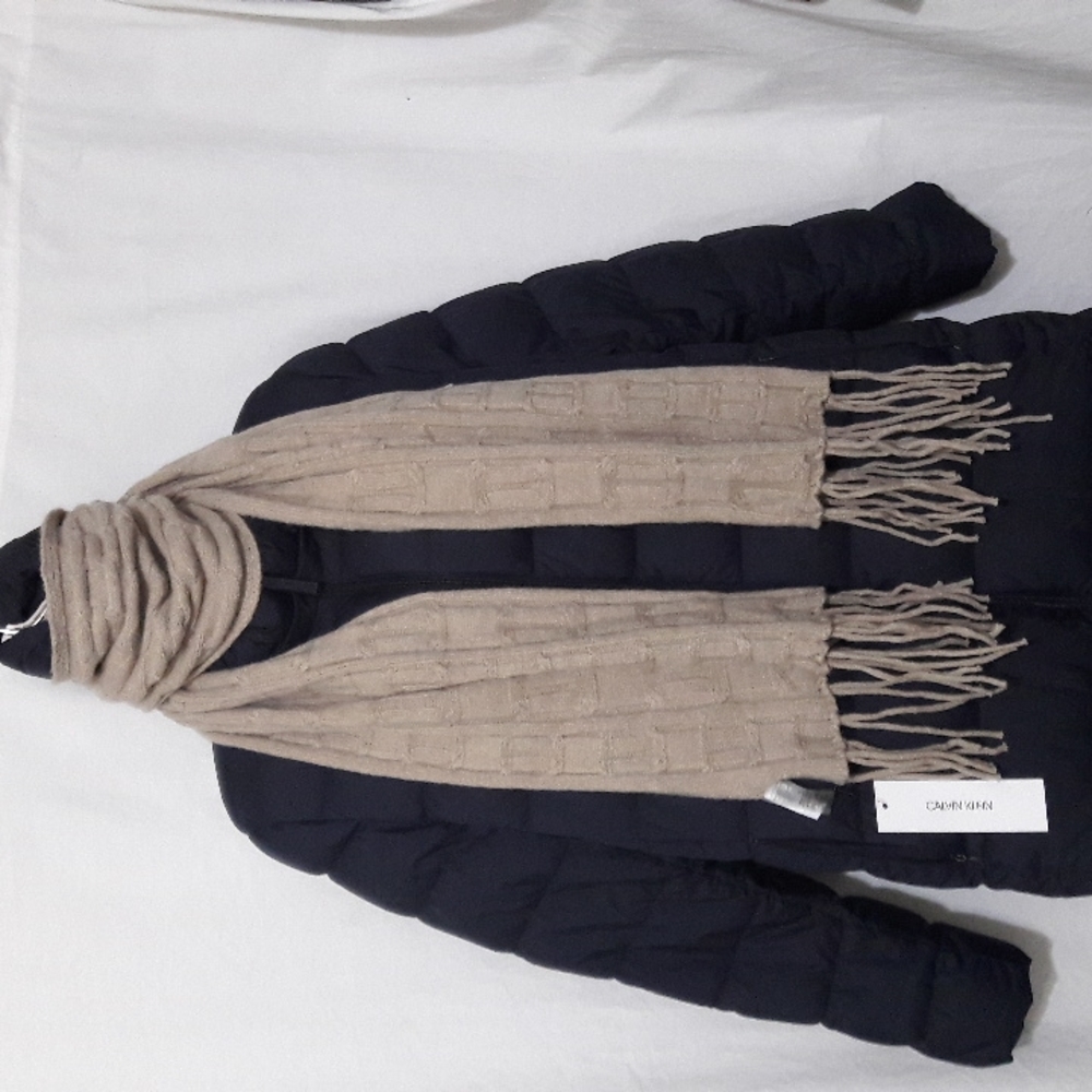 Calvin Klein Decal Women Fringe Knit Scarf Tan Cold Weather NWT